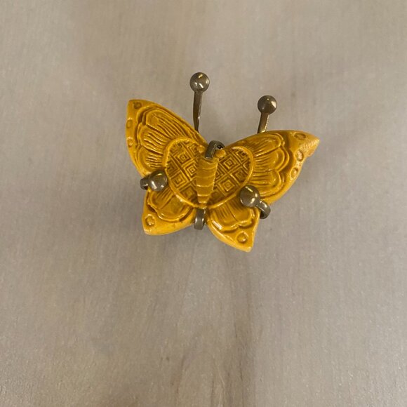 VTG Jan Michaels mustard yellow carved butterfly brass adjustable ring 90s USA - Picture 12 of 14
